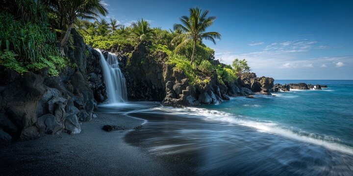 Full shot of a waterfall cascading directly onto a black volcanic sand beach and into the vivid blue ocean, emphasizing the contrast of elements, unique geological scener