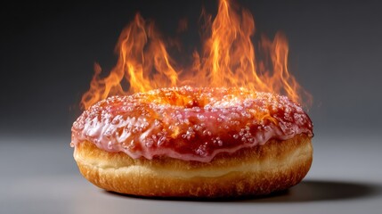 Glazed donut with vibrant pink icing and sparkling sugar, dramatically engulfed in flames, creating a striking visual contrast against a dark background, symbolizing indulgence and excitement