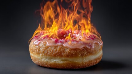 Glazed donut with pink icing and sprinkles, dramatically engulfed in vibrant flames, creating a striking contrast against a dark background, symbolizing indulgence and unexpected surprises
