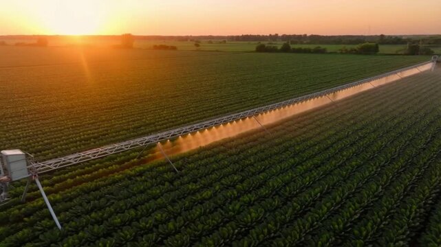 A vast agricultural field being irrigated under the warm glow of the setting sun Stock Video