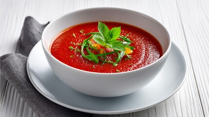 Freshly prepared tomato soup served in a white bowl, garnished with herbs and vegetables, placed on a rustic wooden table, showcasing vibrant colors and appetizing presentation