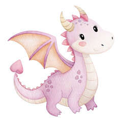 Cute pastel pink baby dragon with wings and heart-shaped tail in whimsical fairytale illustration