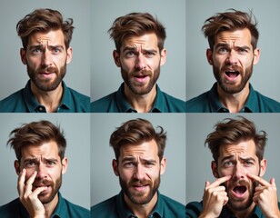 Collage of young caucasian bearded man with messy hair showing diverse negative facial emotions, gestures. Looks confused, stressed, worried, surprised, anxious, frustrated. Multi panel portrait set
