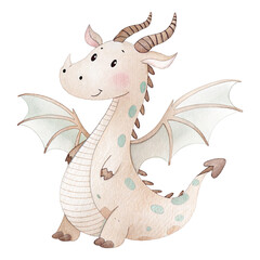 Naklejka premium Cute beige baby dragon with soft wings and pastel accents in whimsical fairytale illustration