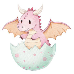 Cute watercolor baby pink dragon hatching from egg fantasy clipart