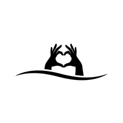 Hand heart above single wave line outline vector illustration