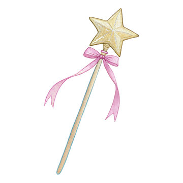 Watercolor magical star wand clipart with pink ribbon for fairytale designs