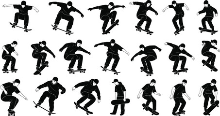 Silhouettes of skateboarders performing dynamic tricks and jumps, urban skateboarding illustration collection set for extreme sports design, street action concepts
