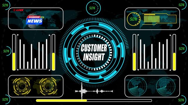 Futuristic HUD interface with Customer Insight text in circular badge. Tech dashboard displaying analytics charts, data visualization, audio waveforms, and behavior tracking.