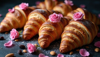 Freshly baked croissants decorated with pink roses, petals, almonds on dark surface. Powdered sugar sprinkles over sweet pastries, creating beautiful elegant breakfast scene for celebration, morning