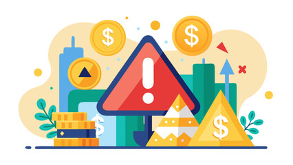 Naklejka premium Financial warning sign with money and cityscape