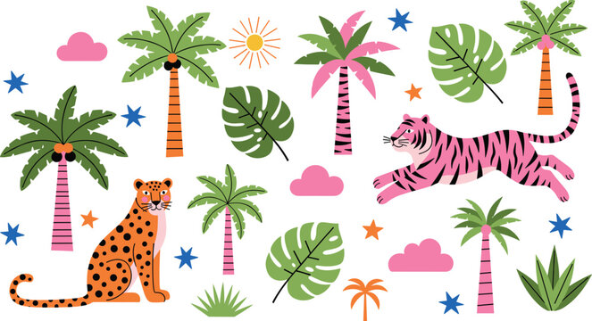 A fun, stylized tropical set of jungle animals including a leaping pink tiger and a leopard, surrounded by colorful palm trees and lush foliage