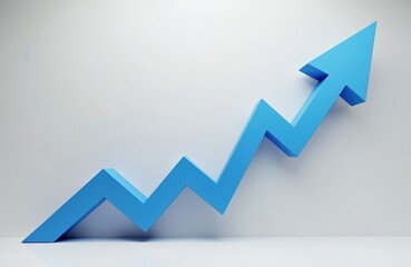Blue 3D arrow on white background. Arrow points up with zigzag trajectory. Indicates business success and growth. Represents positive trend and progress in finance and economy.
