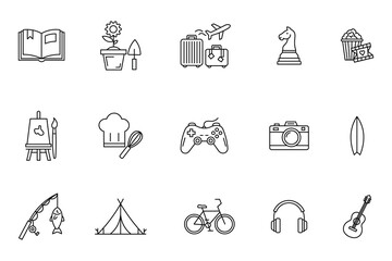 Hobbies and leisure activities line icon set. Vector collection of lifestyle, interest, and pastime symbols including travel, art, and music