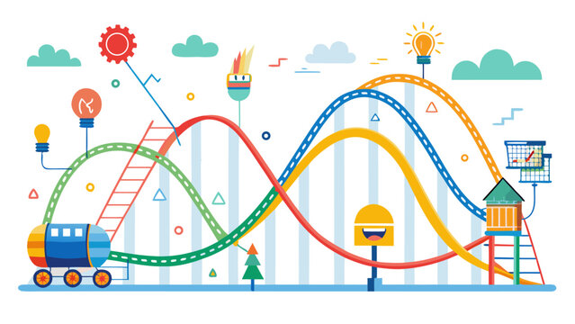 colorful cartoon roller coaster with creative symbols and lights