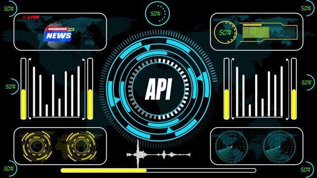 Advanced API operations dashboard visualizing real-time endpoint analytics, system integration metrics, and high-tech connection performance insights