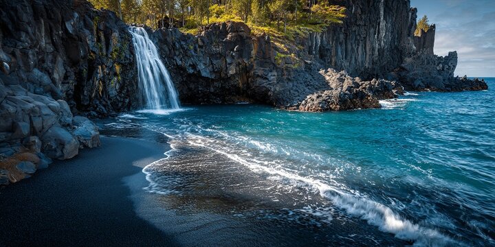 Full shot of a waterfall cascading directly onto a black volcanic sand beach and into the vivid blue ocean, emphasizing the contrast of elements, unique geological scener