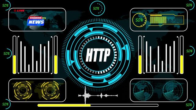 Futuristic HTTP protocol dashboard with real-time web request analytics, connection performance metrics, and advanced network visualization elements