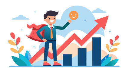 Businessman in superhero cape standing on growing graph with coin © Mdfahad