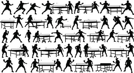 Silhouettes of table tennis players in action poses, ping pong match collection illustration set for sports design, athletic movement, competitive gameplay concepts