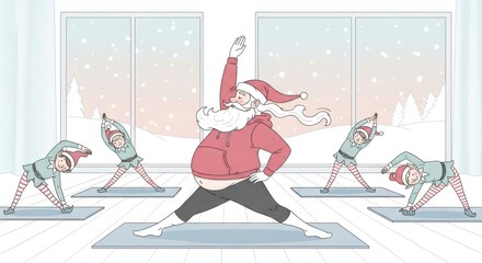 Santa Claus doing yoga pose with elves. Christmas fitness and wellness for happy holiday season. New Year cartoon character illustration.