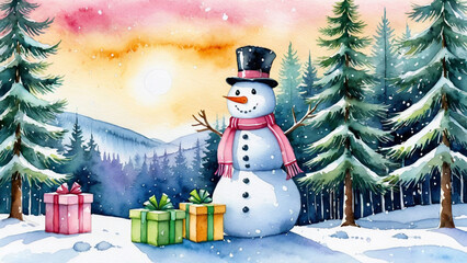 Obraz premium The silent sentinel - a frosted gentleman smiling beneath the burning velvet of the twilight sky, watching over the small, bright treasures of the wood