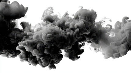 Studio-shot black vapor wisps creating dramatic abstract shapes on white
