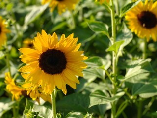 A vibrant yellow sunflower in full bloom, standing out against a sunlit, green field of other flowers.