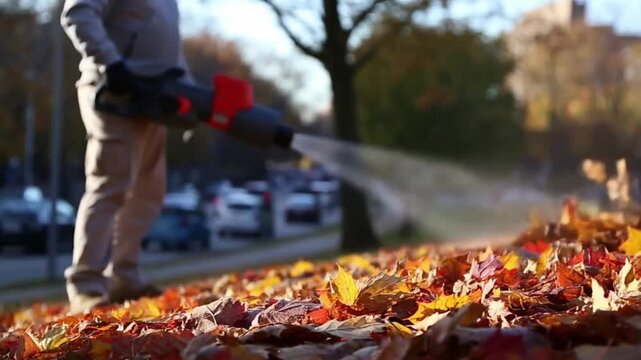 A person blowing fallen autumn leaves with a leaf blower on a sunny day. The scene depicts a fall cleanup Stock Video