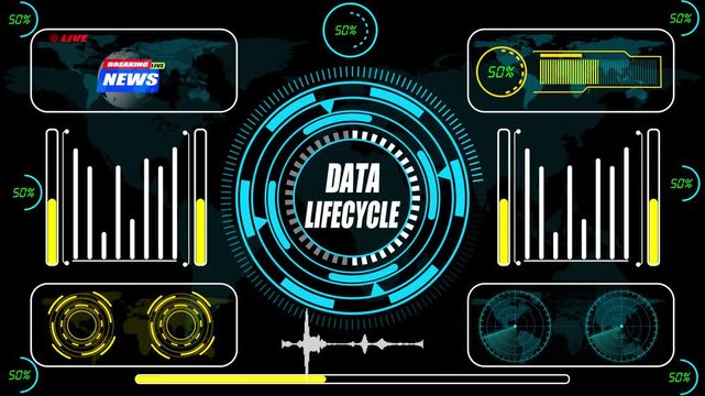 Data lifecycle dashboard visualizing collection, processing, storage, and transformation analytics within a high-tech enterprise ecosystem