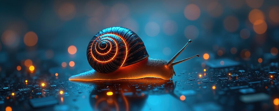 Glowing snail with orange spiral shell crawls on dark digital circuit board. Body also glows, reflecting on shiny tech surface below. Blurred orange lights in background hint at data flow speed.
