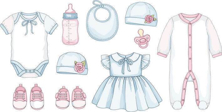 A sweet vector collection of newborn baby girl clothing and accessories, including a romper, dress, bonnet, bib, bottle, pacifier, and soft pink shoes.