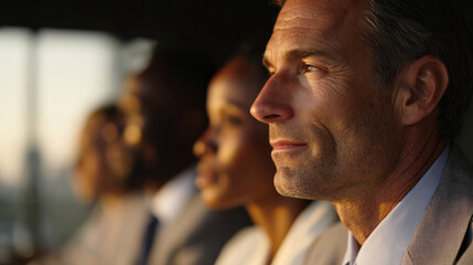 Businesspeople watching sunset, diverse team having focus on future, leadership vision, professional collaboration meeting