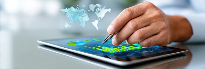 Hand analyzing global business data on a digital tablet with world map and financial charts