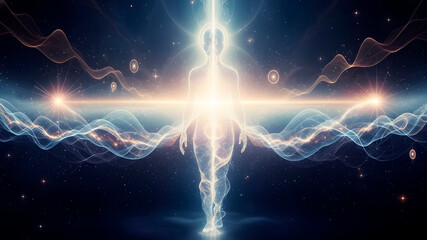 Human Soul Energy Body in Space. Astral Projection or Spiritual Enlightenment with Cosmic Waves.
