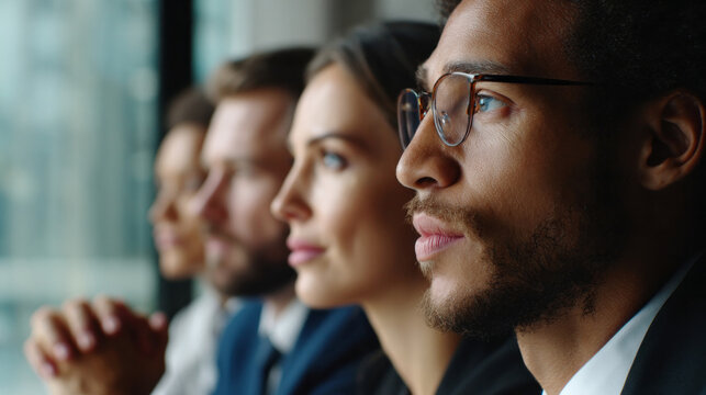 Diverse business team concentrating during corporate meeting, attentively looking at presentation, showing focus and vision