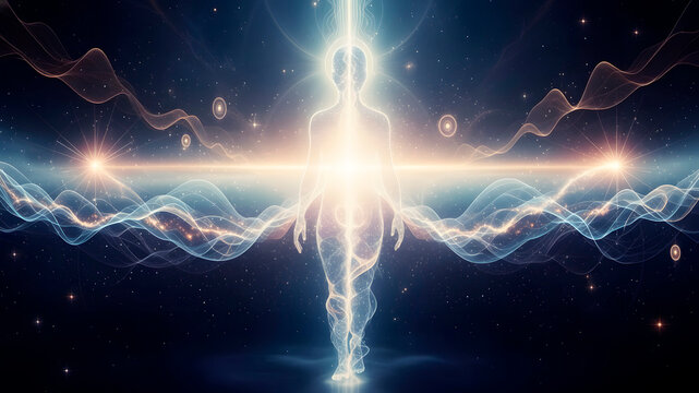 Human Soul Energy Body in Space. Astral Projection or Spiritual Enlightenment with Cosmic Waves.
