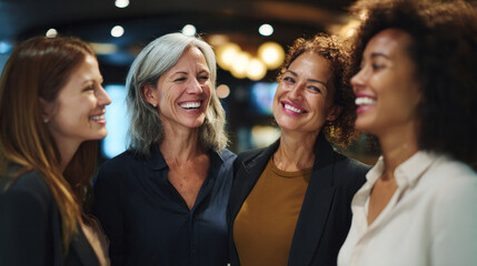 Obraz premium Group of excited businesswomen smiling and laughing, expressing happiness, teamwork, and successful collaboration