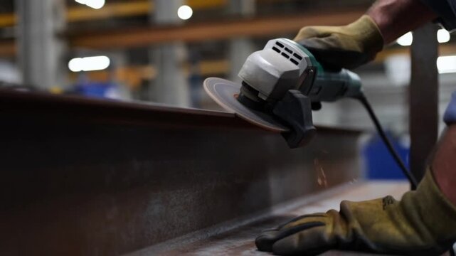 Worker using angle grinder to smooth the metal, close-up shot Stock Video