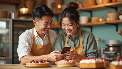 Fototapeta premium Happy Asian couple bakers share laugh looking at smartphone. Man, woman wear aprons by fresh baked cakes in shop. Manage digital orders, social media for small business, enjoying daily work.