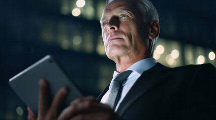 Senior businessman using digital tablet at night, reflecting on technology, innovation, and career success outdoors