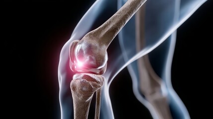 Obraz premium Detailed anatomical illustration of a human knee joint, showcasing bones, ligaments, and cartilage, with highlighted areas indicating potential pain or injury, emphasizing the complexity of human anat