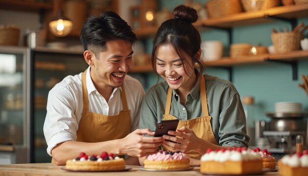 Happy Asian couple bakers share laugh looking at smartphone. Man, woman wear aprons by fresh baked cakes in shop. Manage digital orders, social media for small business, enjoying daily work.