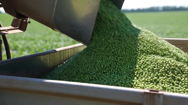 Fresh green peas being unloaded into a storage container from a farming machine, showcasing a bountiful harvest. Stock Video