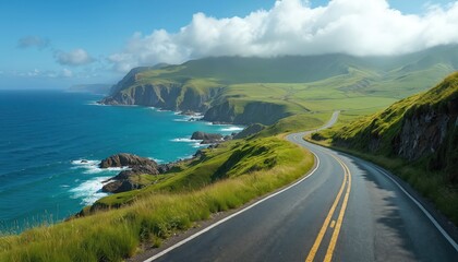 Winding asphalt road curves along green grassy cliff overlooking turquoise ocean. Jagged rocks dot coastline where waves crash under bright blue sky with fluffy clouds, creating scenic panorama.