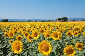 Obraz premium Sunflower field under a cloudless blue sky in bright daylight