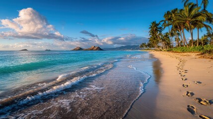 Sunlit Hawaii beach panorama with distant mountains, gentle surf, and expansive turquoise ocean