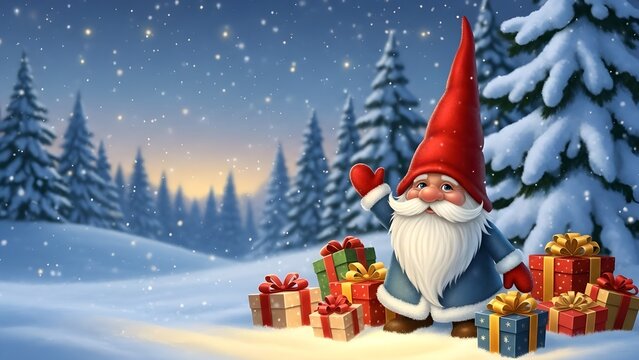 Cartoon Santa waving with presents in snow-covered landscape