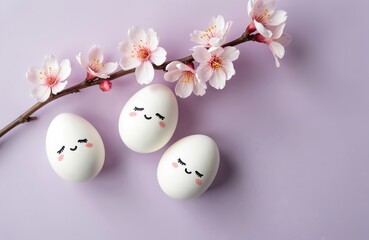 Three cute white eggs with drawn faces and closed eyes sit near cherry blossoms. Springtime branches with pink flowers bloom against pastel violet background.