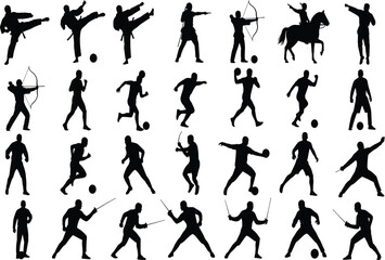 Collection of Dynamic Black Sports and Martial Arts Silhouettes, Including Karate, Archery, Football, Fencing, Athletics, and Equestrian Activities, Isolated on White Background.